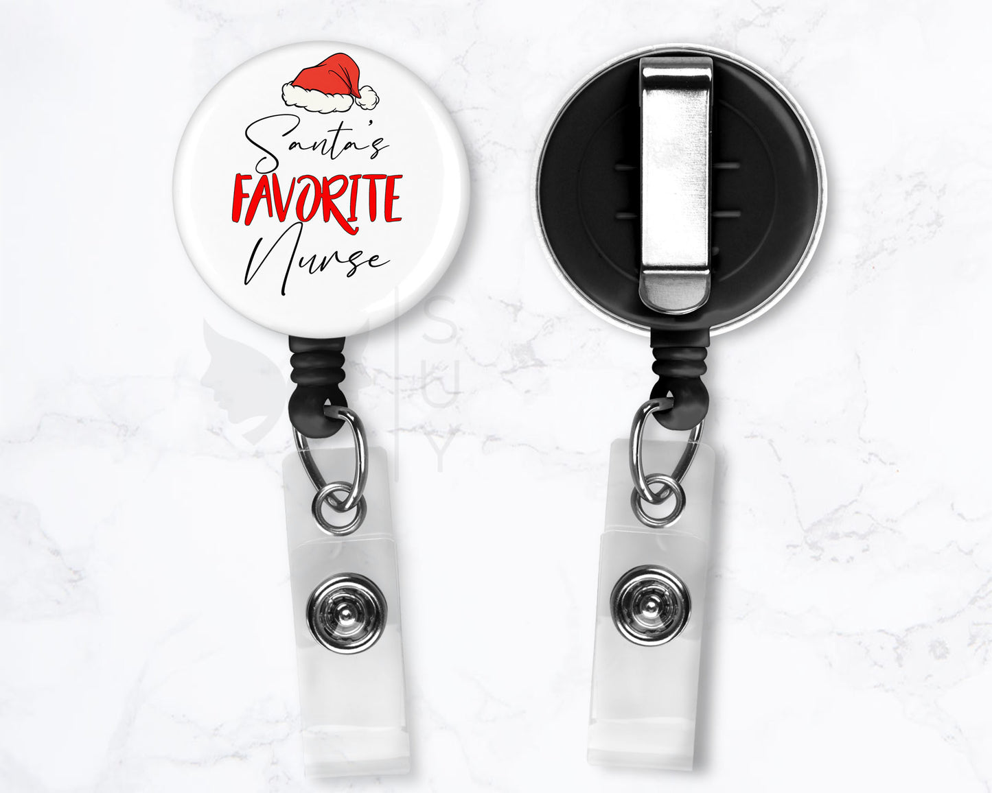 Santa's Favorite Nurse | Funny Christmas Medical Black Badge Reel Holder