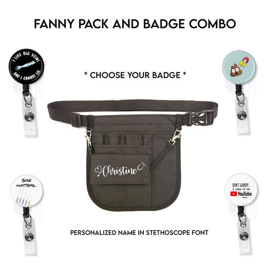 Badge Reel and Black Waist Organizer Fanny Pack Combination