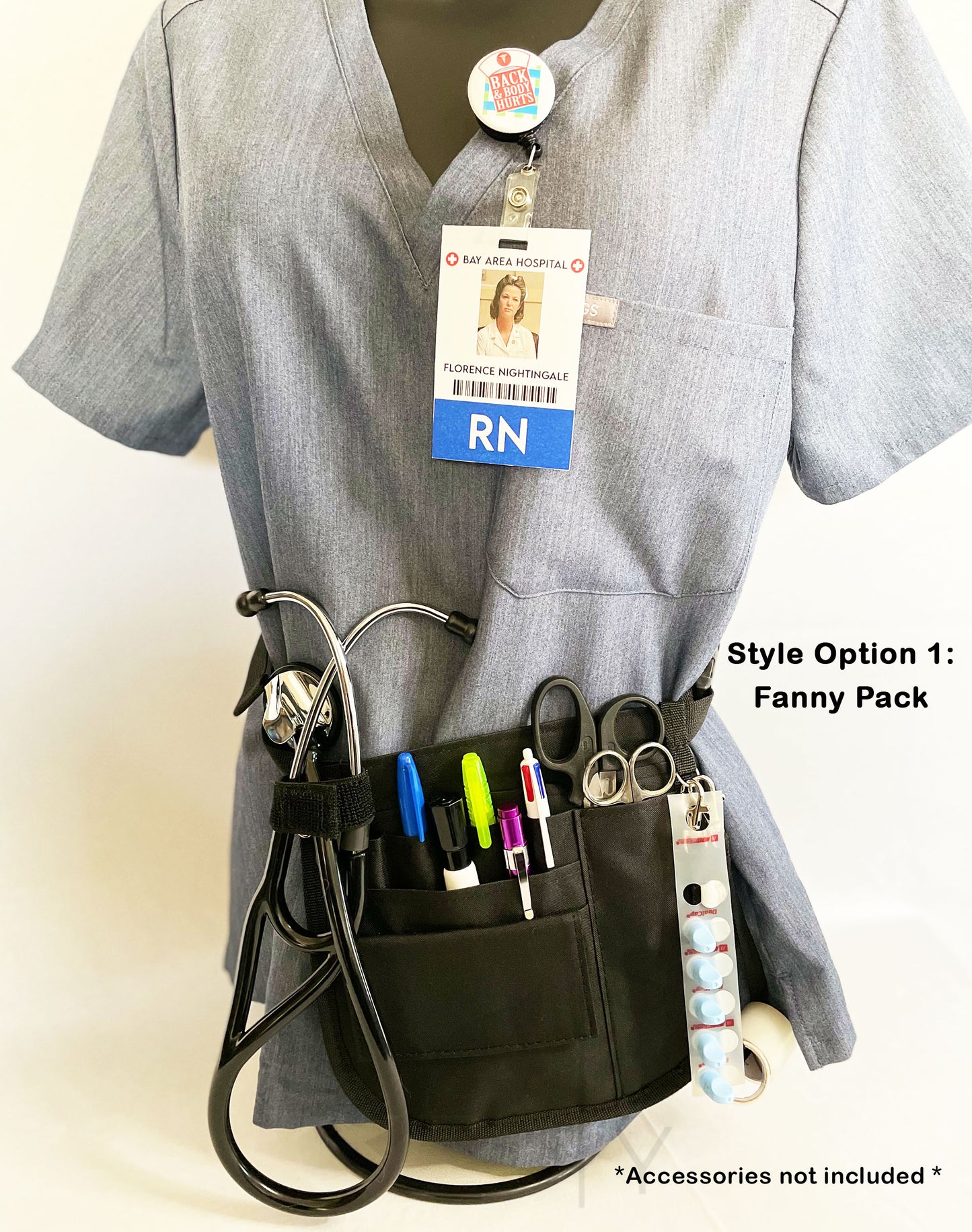 Personalized | Black Medical Nurse Fanny Pack Organizer with Mesh and Stethoscope Holder