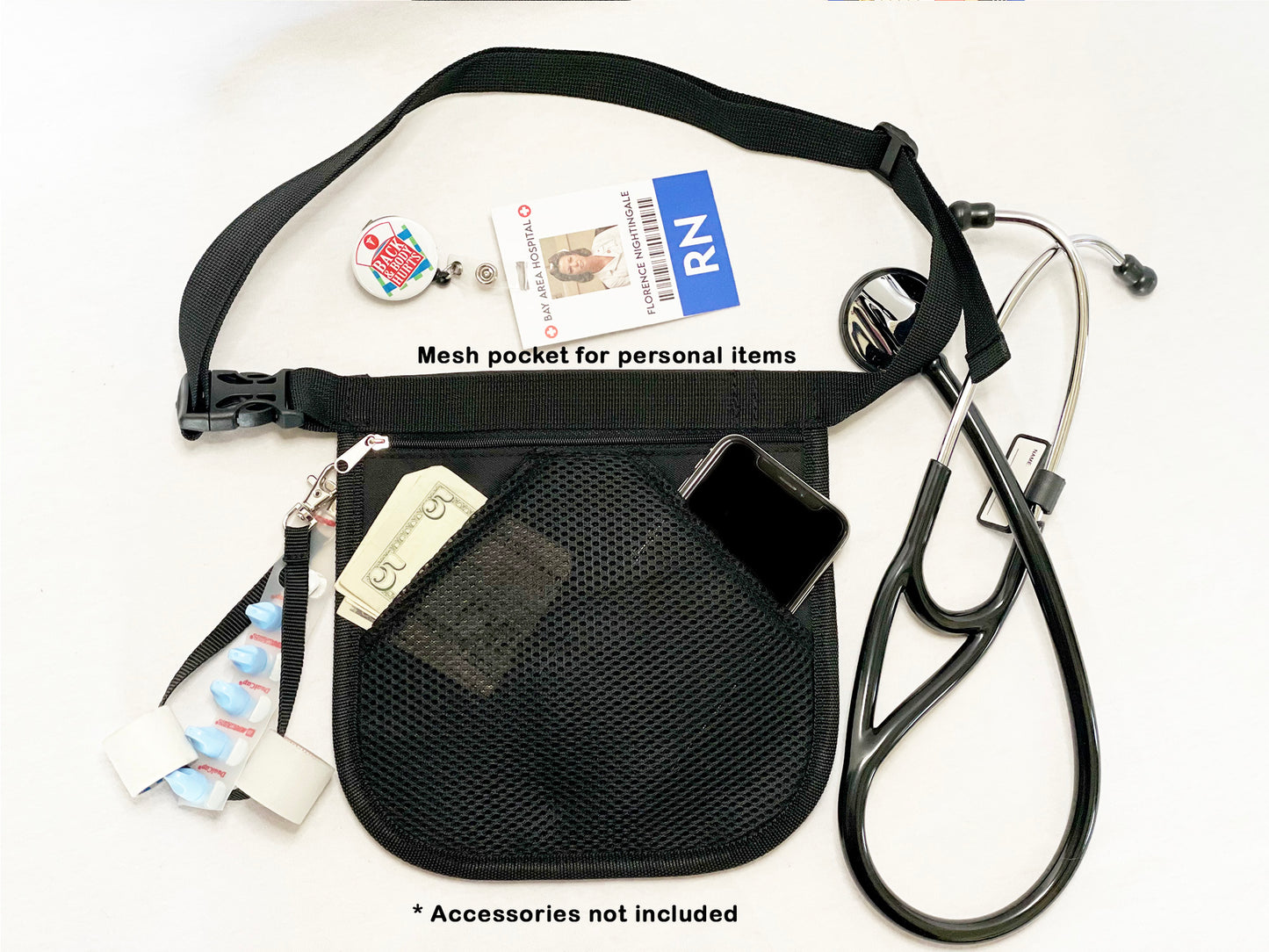 Personalized | Black Medical Nurse Fanny Pack Organizer with Mesh and Stethoscope Holder