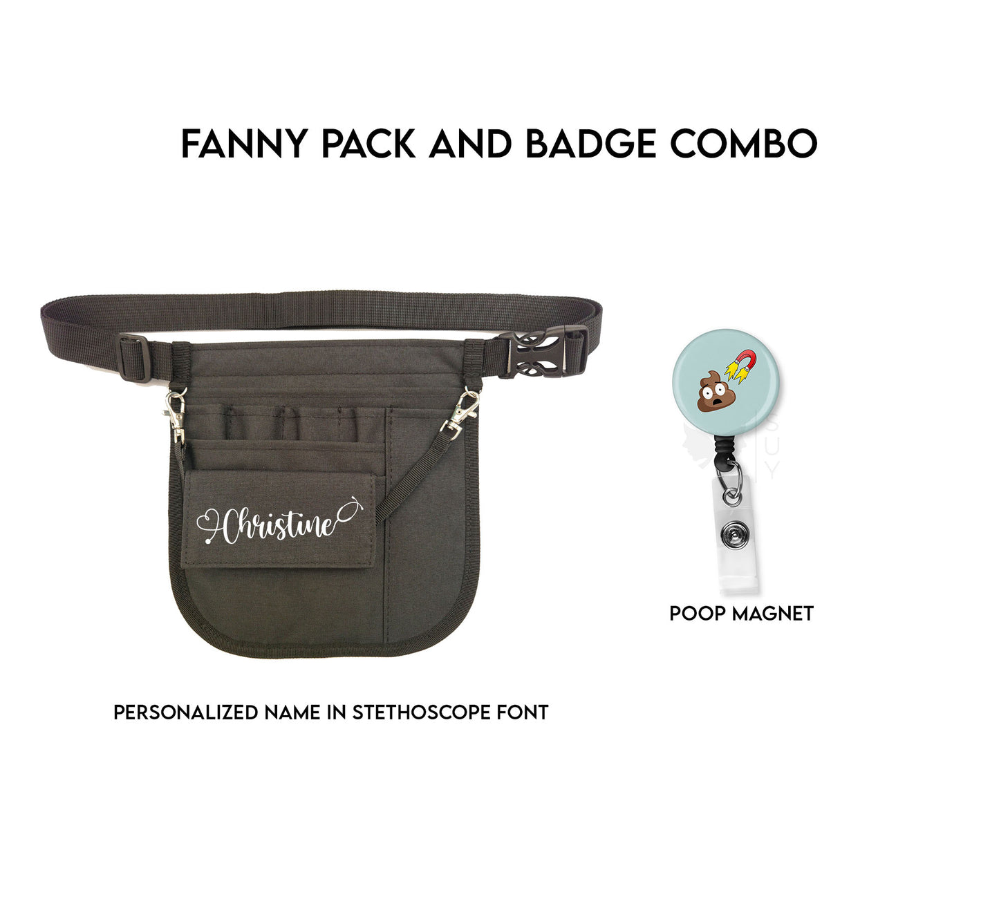 Badge Reel and Black Waist Organizer Fanny Pack Combination