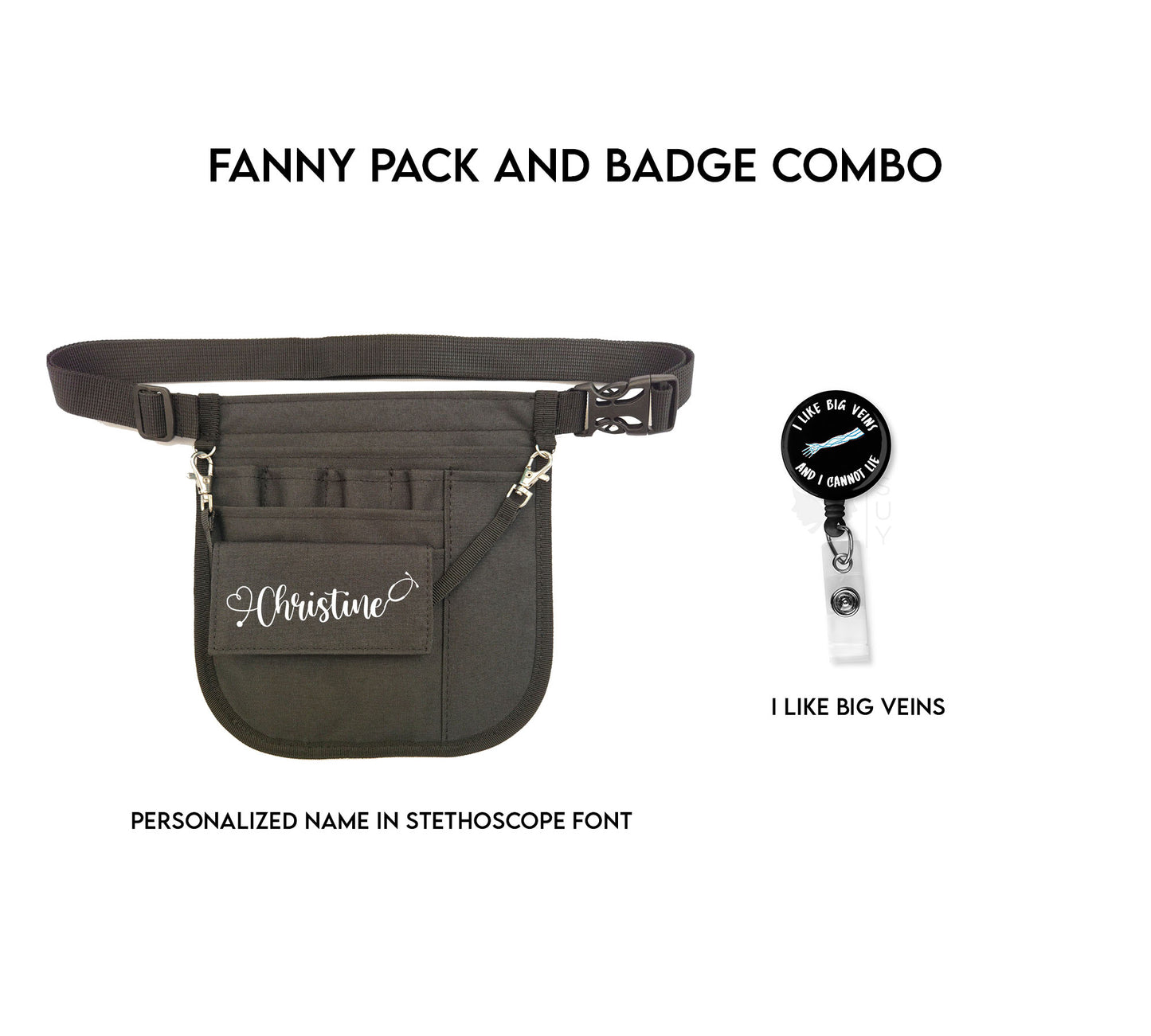 Badge Reel and Black Waist Organizer Fanny Pack Combination