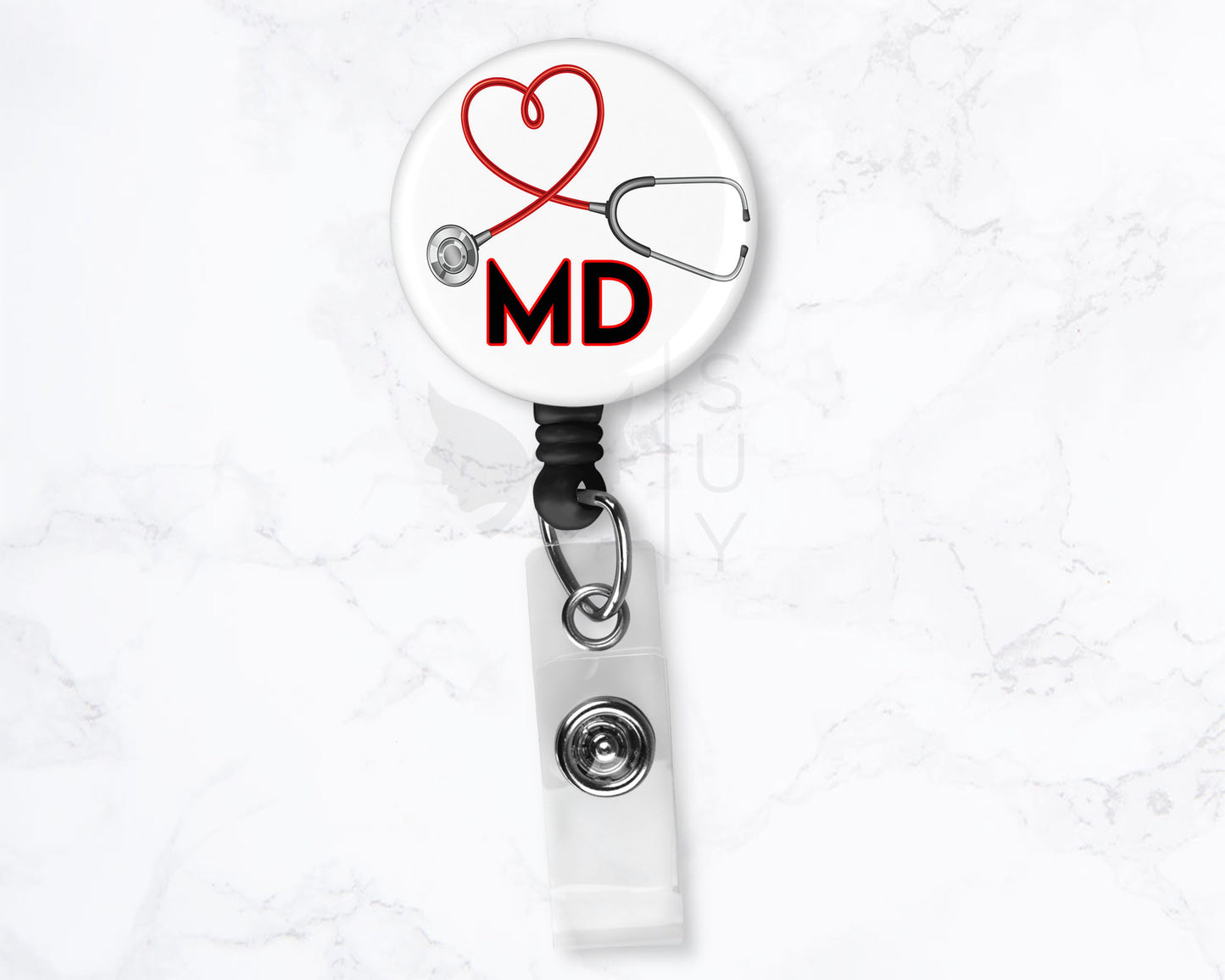 Doctor Medical Badge MD Black 1.5" Retractable Badge Reel Holder Clip Stethoscope Heart