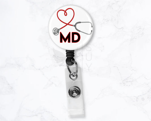 Doctor Medical Badge MD Black 1.5" Retractable Badge Reel Holder Clip Stethoscope Heart