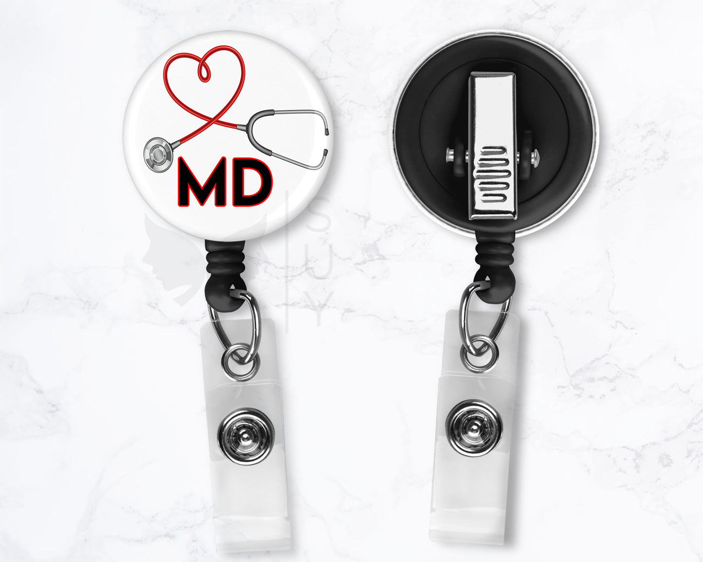 Doctor Medical Badge MD Black 1.5" Retractable Badge Reel Holder Clip Stethoscope Heart