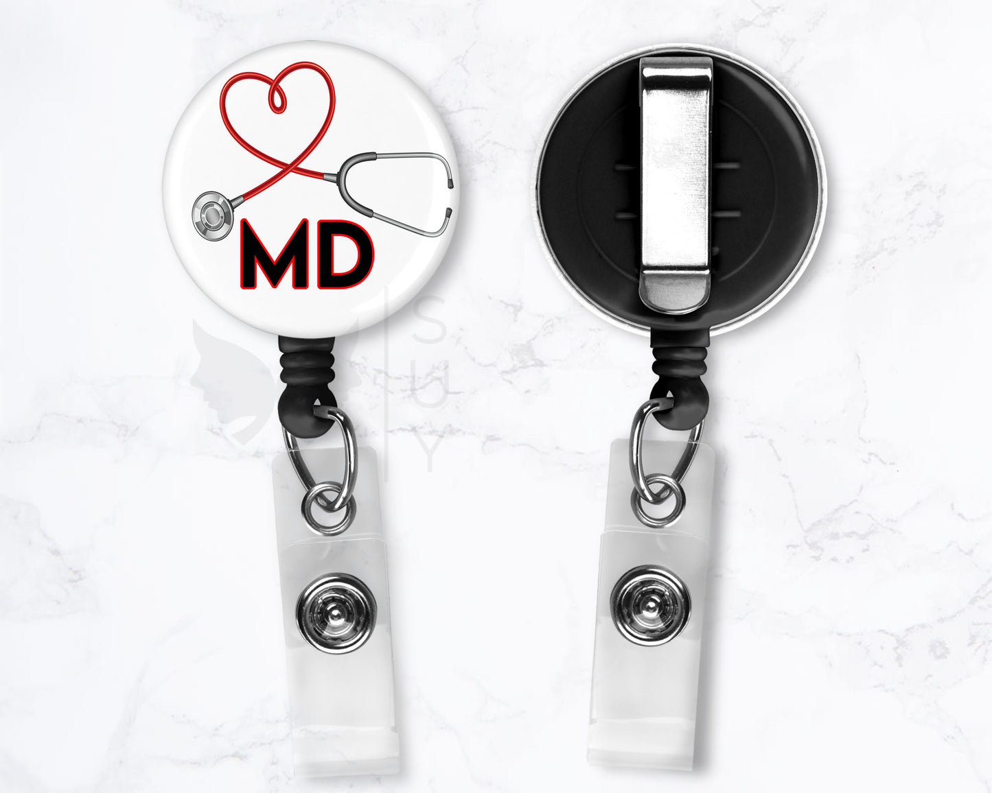 Doctor Medical Badge MD Black 1.5" Retractable Badge Reel Holder Clip Stethoscope Heart