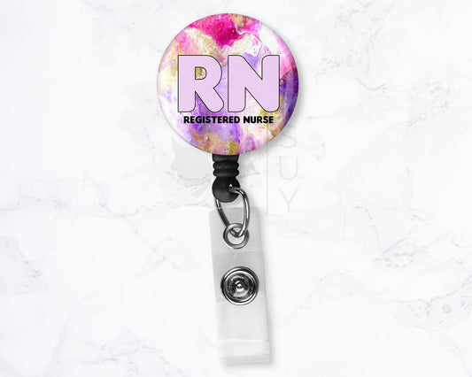 Registered Nurse RN Badge Purple Marble Black 1.5" Retractable Badge Reel Holder Clip Stethoscope Heart