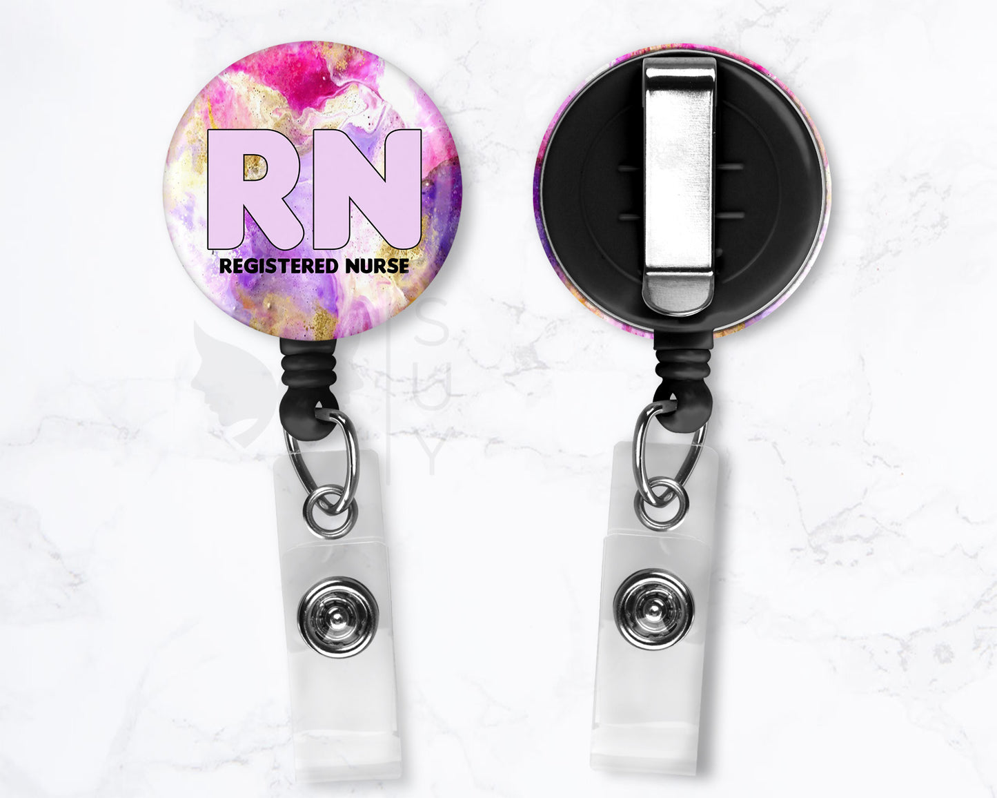 Registered Nurse RN Badge Purple Marble Black 1.5" Retractable Badge Reel Holder Clip Stethoscope Heart