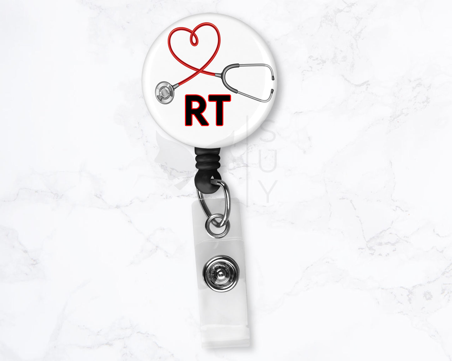 Respiratory Therapist Badge RRT Black 1.5" Retractable Badge Reel Holder Clip Stethoscope Heart