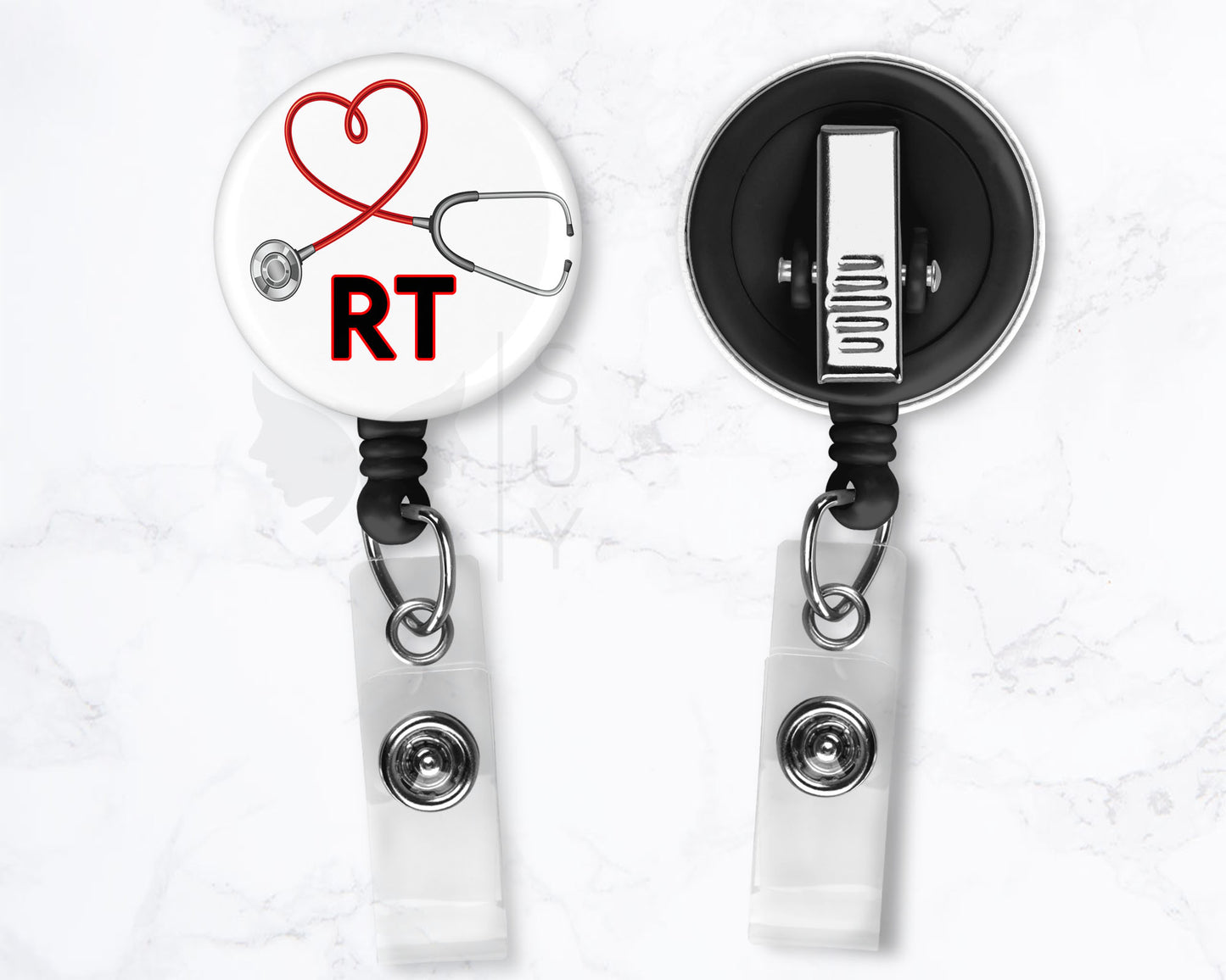 Respiratory Therapist Badge RRT Black 1.5" Retractable Badge Reel Holder Clip Stethoscope Heart