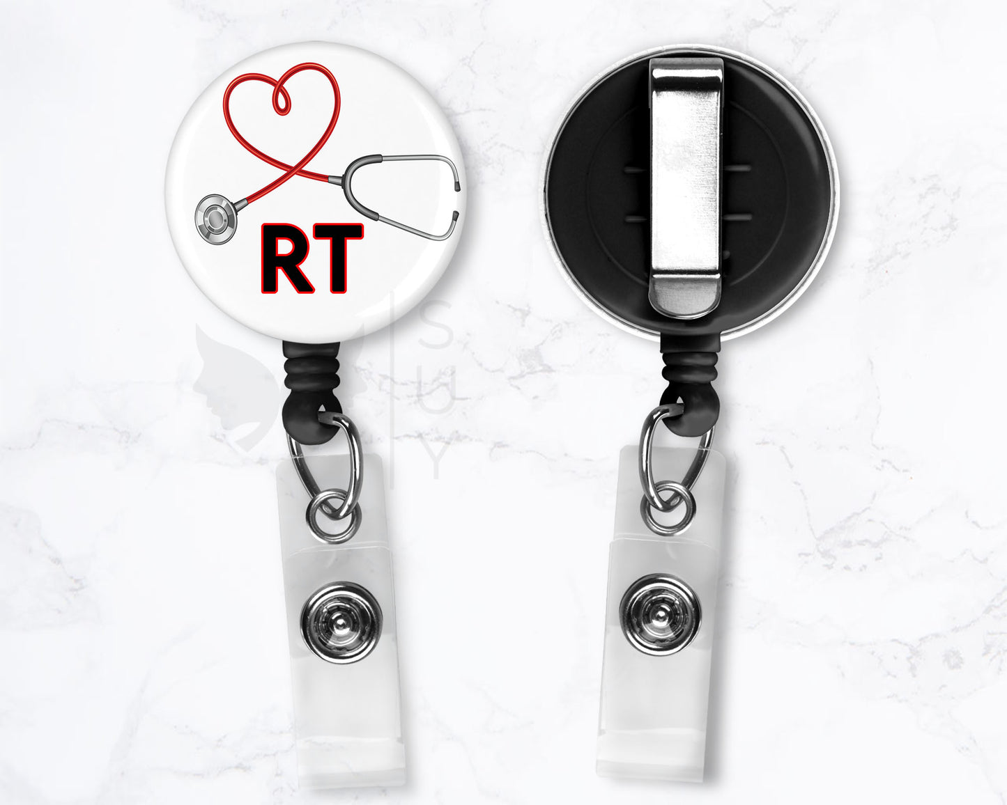 Respiratory Therapist Badge RRT Black 1.5" Retractable Badge Reel Holder Clip Stethoscope Heart