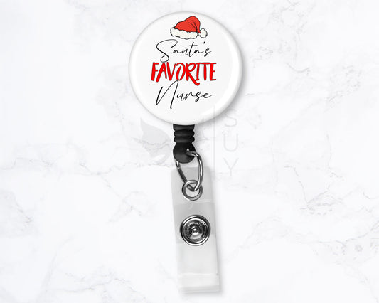 Santa's Favorite Nurse | Funny Christmas Medical Black Badge Reel Holder