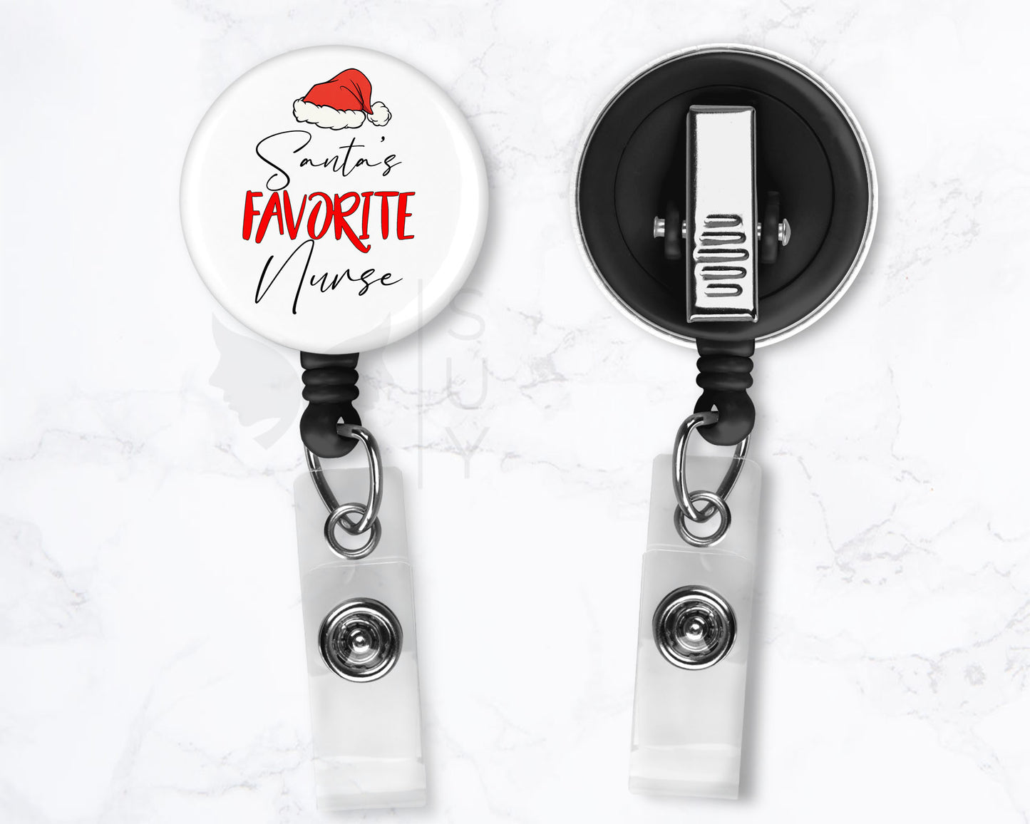 Santa's Favorite Nurse | Funny Christmas Medical Black Badge Reel Holder