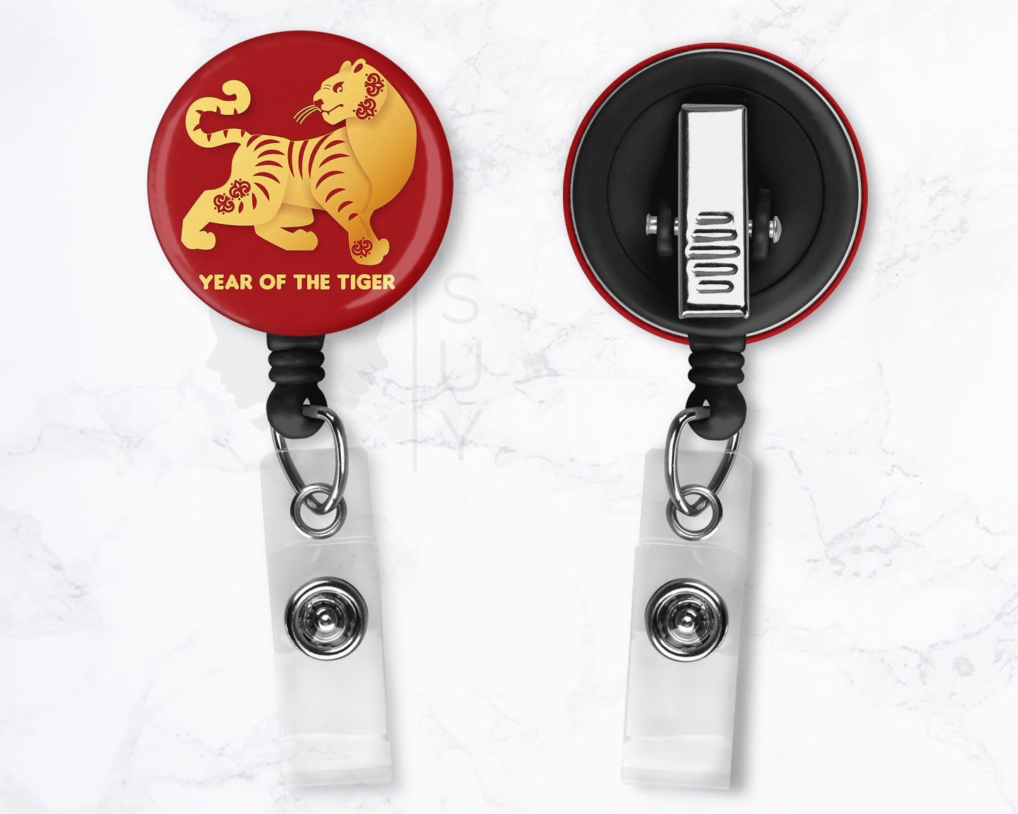 Year of the Tiger | Lunar New Year Black 1.5" Retractable Badge Reel Holder Clip